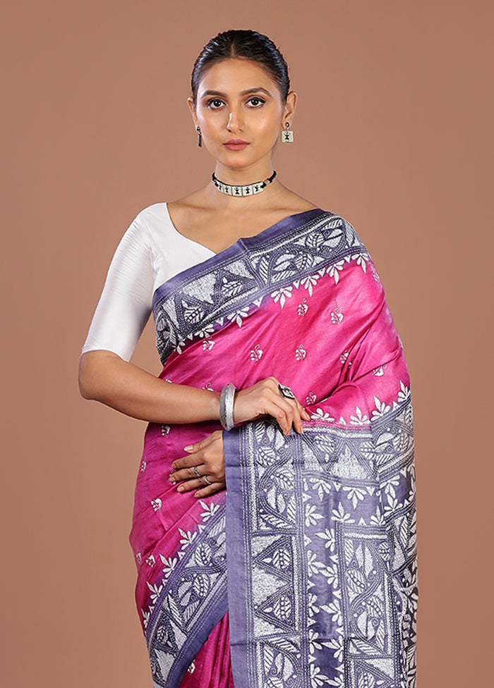 Blue Handloom Kantha Stitch Pure Silk Saree With Blouse Piece