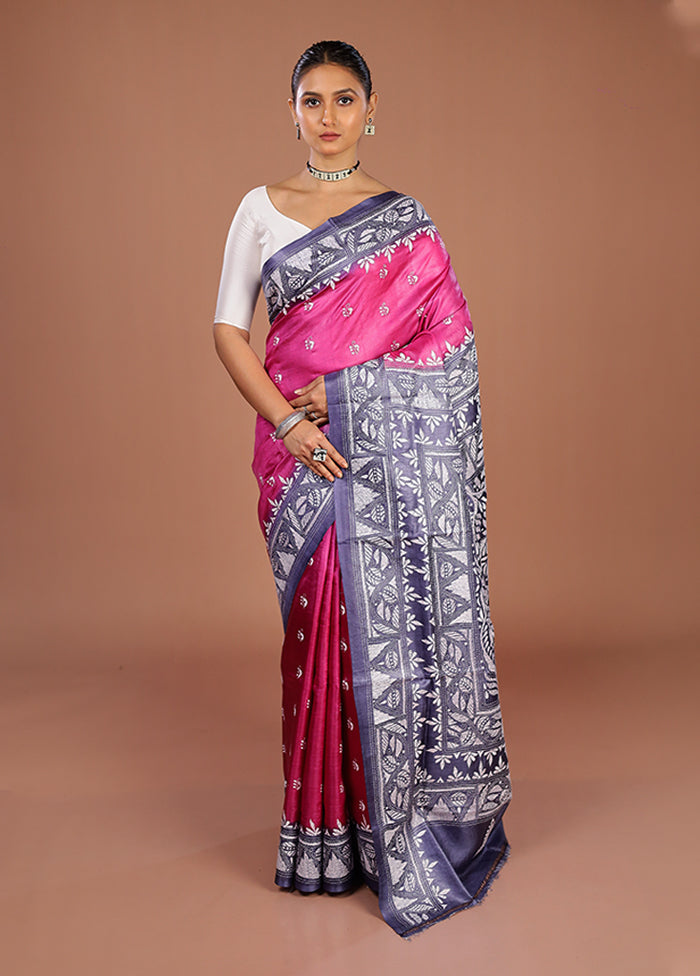 Blue Handloom Kantha Stitch Pure Silk Saree With Blouse Piece