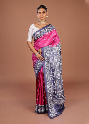 Blue Handloom Kantha Stitch Pure Silk Saree With Blouse Piece