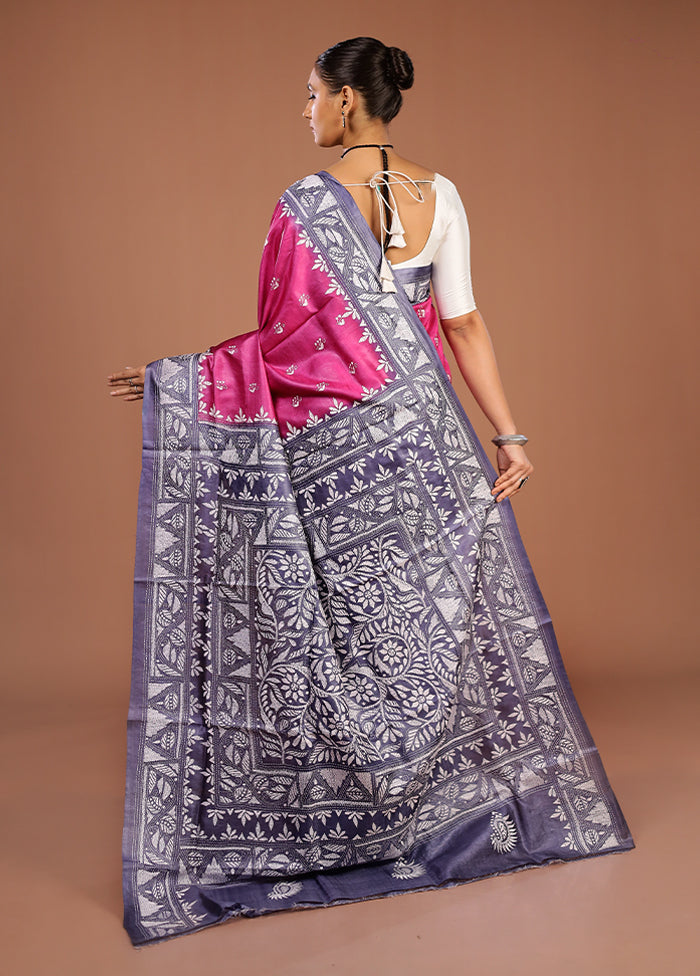 Blue Handloom Kantha Stitch Pure Silk Saree With Blouse Piece
