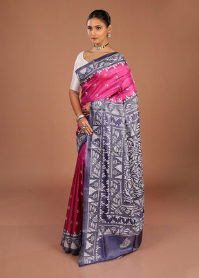 Blue Handloom Kantha Stitch Pure Silk Saree With Blouse Piece