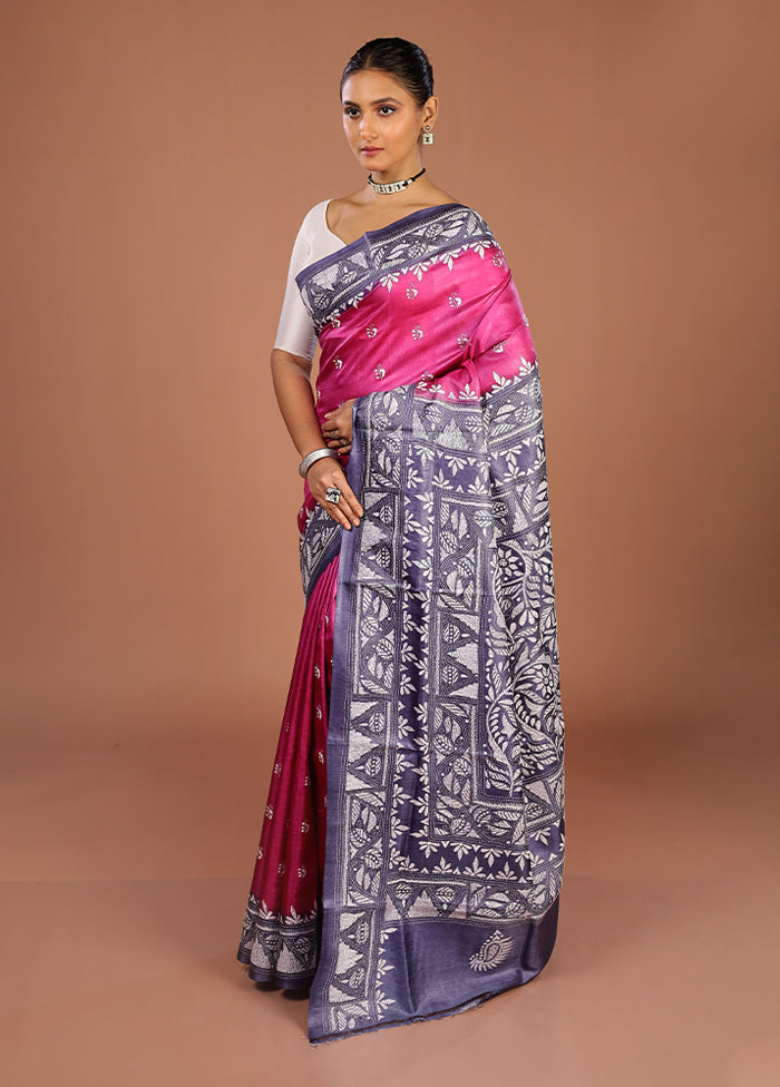 Blue Handloom Kantha Stitch Pure Silk Saree With Blouse Piece