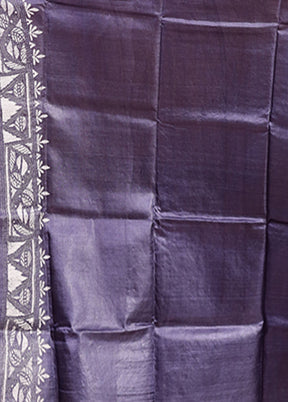 Blue Handloom Kantha Stitch Pure Silk Saree With Blouse Piece