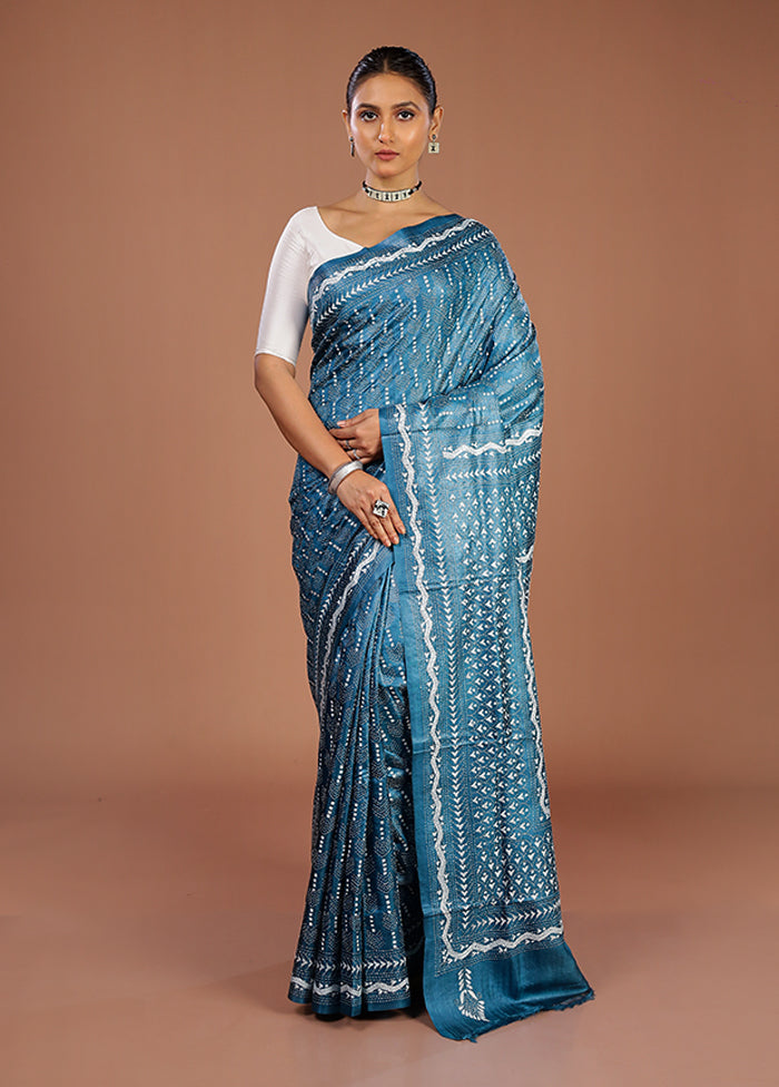 Blue Handloom Kantha Stitch Pure Silk Saree With Blouse Piece