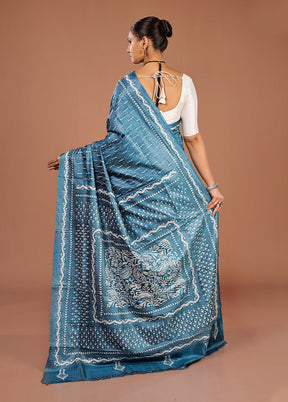 Blue Handloom Kantha Stitch Pure Silk Saree With Blouse Piece