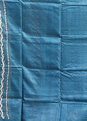 Blue Handloom Kantha Stitch Pure Silk Saree With Blouse Piece