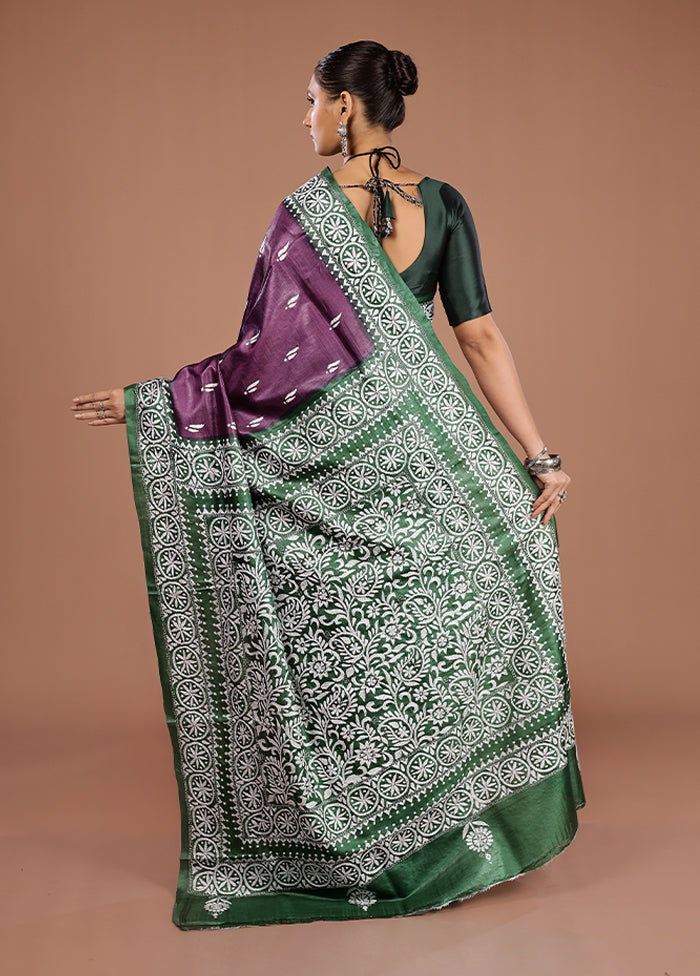Green Handloom Kantha Stitch Pure Silk Saree With Blouse Piece