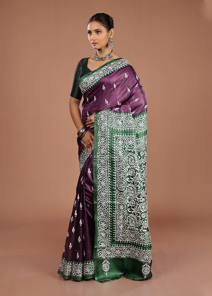 Green Handloom Kantha Stitch Pure Silk Saree With Blouse Piece
