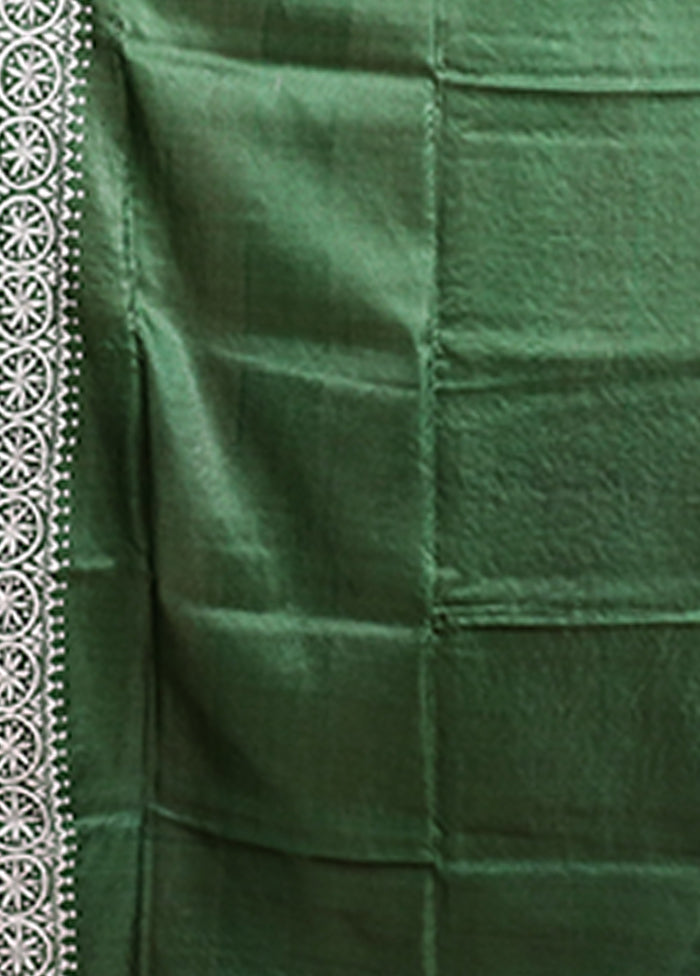 Green Handloom Kantha Stitch Pure Silk Saree With Blouse Piece