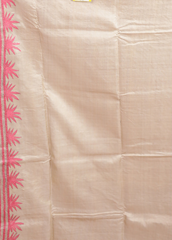 Cream Handloom Kantha Stitch Pure Silk Saree With Blouse Piece