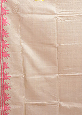 Cream Handloom Kantha Stitch Pure Silk Saree With Blouse Piece