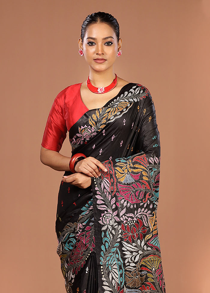 Black Handloom Kantha Stitch Pure Silk Saree With Blouse Piece