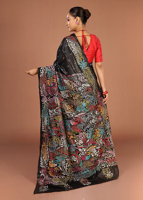 Black Handloom Kantha Stitch Pure Silk Saree With Blouse Piece