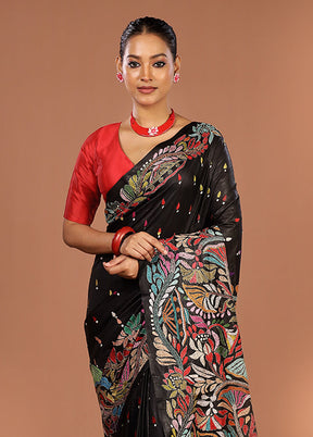 Black Handloom Kantha Stitch Pure Silk Saree With Blouse Piece