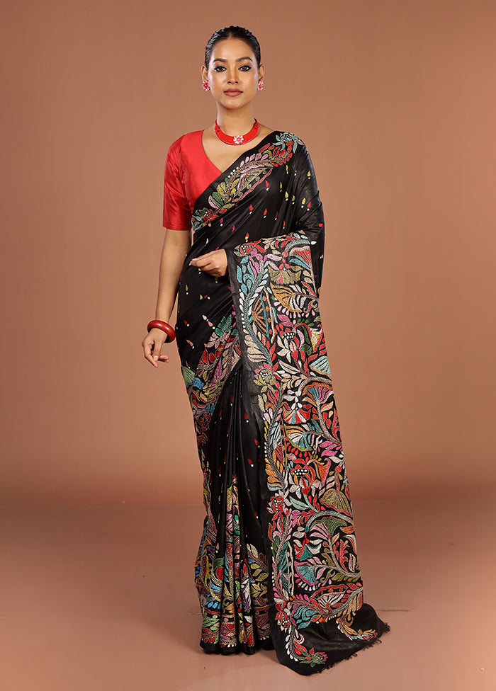 Black Handloom Kantha Stitch Pure Silk Saree With Blouse Piece