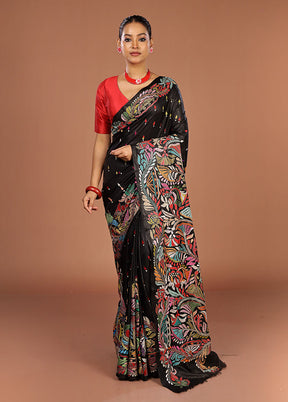 Black Handloom Kantha Stitch Pure Silk Saree With Blouse Piece