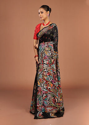 Black Handloom Kantha Stitch Pure Silk Saree With Blouse Piece