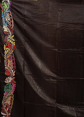 Black Handloom Kantha Stitch Pure Silk Saree With Blouse Piece