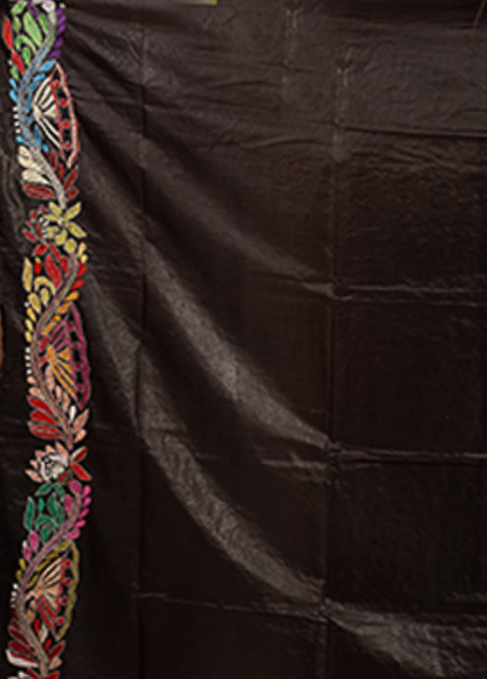 Black Handloom Kantha Stitch Pure Silk Saree With Blouse Piece