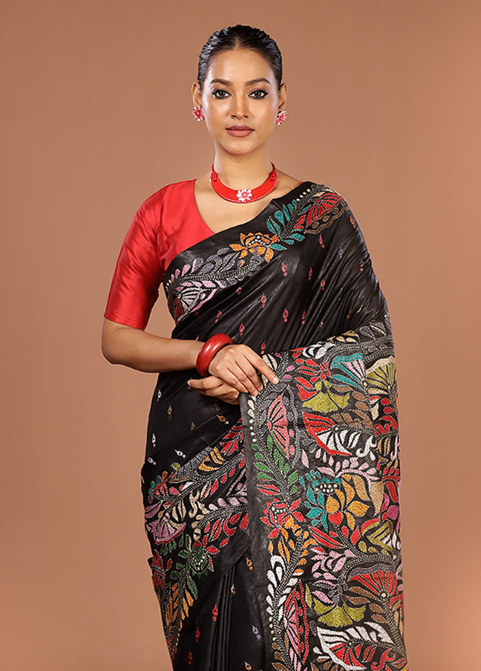 Black Handloom Kantha Stitch Pure Silk Saree With Blouse Piece