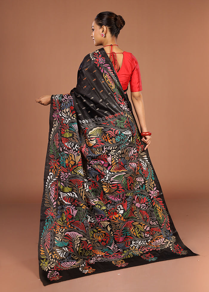 Black Handloom Kantha Stitch Pure Silk Saree With Blouse Piece