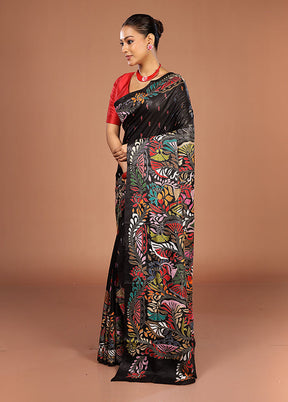 Black Handloom Kantha Stitch Pure Silk Saree With Blouse Piece
