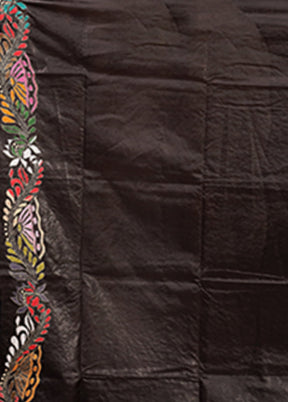 Black Handloom Kantha Stitch Pure Silk Saree With Blouse Piece