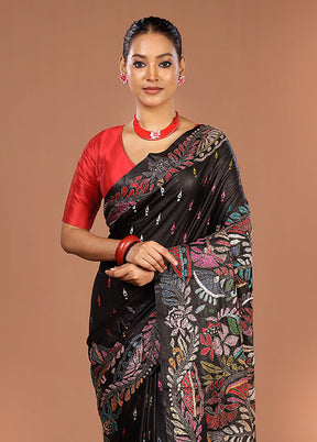 Black Handloom Kantha Stitch Pure Silk Saree With Blouse Piece