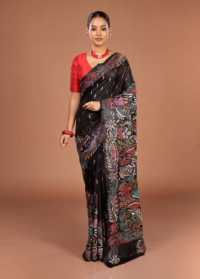 Black Handloom Kantha Stitch Pure Silk Saree With Blouse Piece