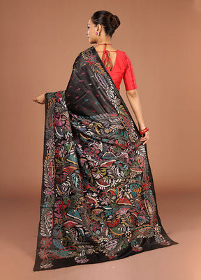 Black Handloom Kantha Stitch Pure Silk Saree With Blouse Piece