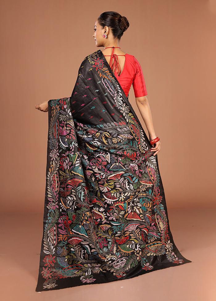 Black Handloom Kantha Stitch Pure Silk Saree With Blouse Piece