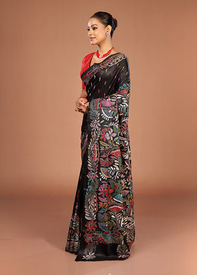 Black Handloom Kantha Stitch Pure Silk Saree With Blouse Piece