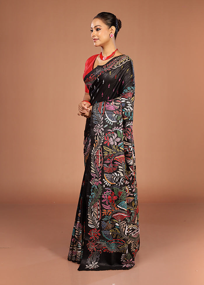 Black Handloom Kantha Stitch Pure Silk Saree With Blouse Piece