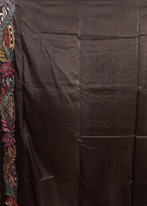 Black Handloom Kantha Stitch Pure Silk Saree With Blouse Piece