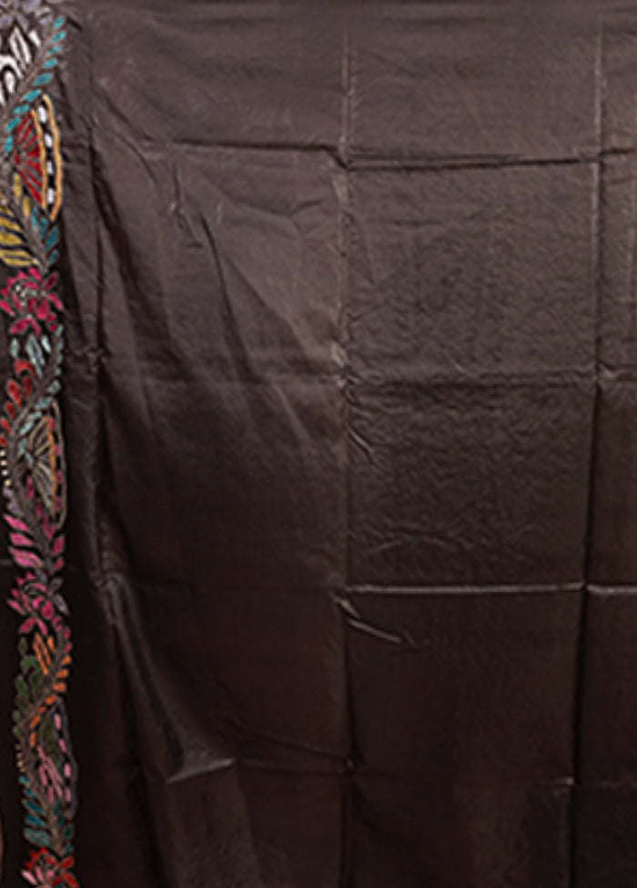 Black Handloom Kantha Stitch Pure Silk Saree With Blouse Piece