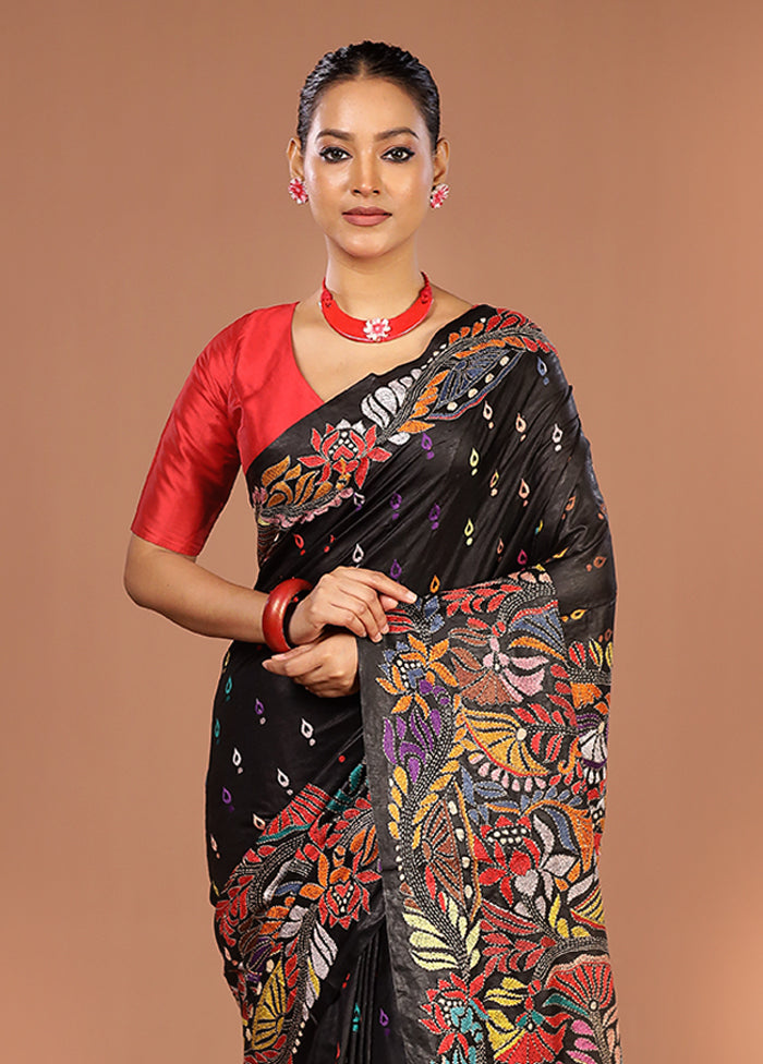 Black Handloom Kantha Stitch Pure Silk Saree With Blouse Piece