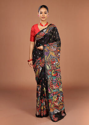 Black Handloom Kantha Stitch Pure Silk Saree With Blouse Piece