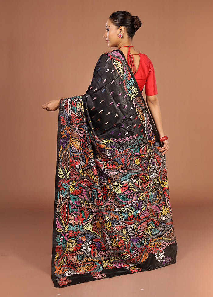 Black Handloom Kantha Stitch Pure Silk Saree With Blouse Piece