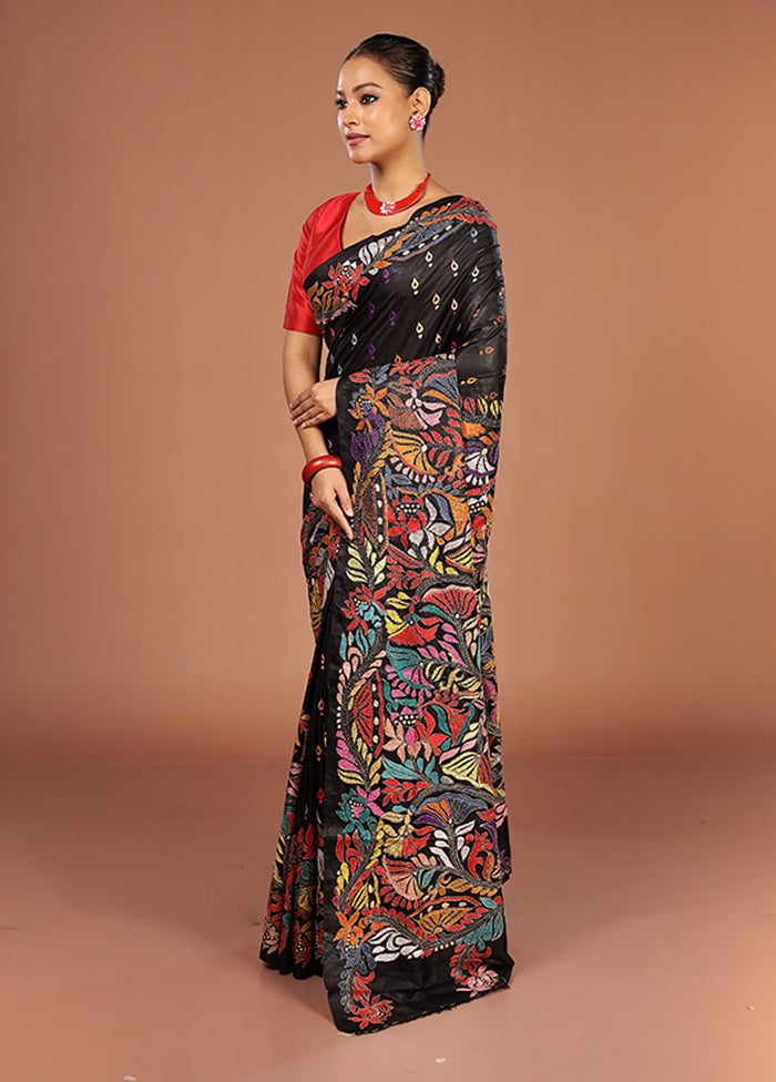 Black Handloom Kantha Stitch Pure Silk Saree With Blouse Piece