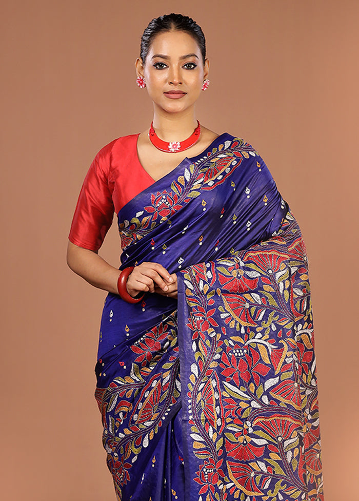 Blue Handloom Kantha Stitch Pure Silk Saree With Blouse Piece