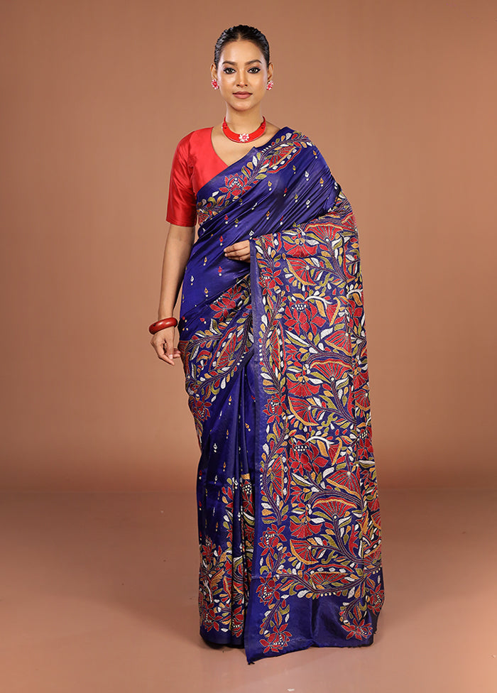 Blue Handloom Kantha Stitch Pure Silk Saree With Blouse Piece