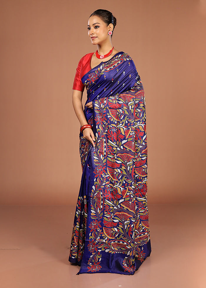 Blue Handloom Kantha Stitch Pure Silk Saree With Blouse Piece