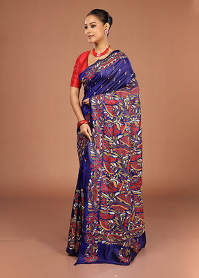 Blue Handloom Kantha Stitch Pure Silk Saree With Blouse Piece