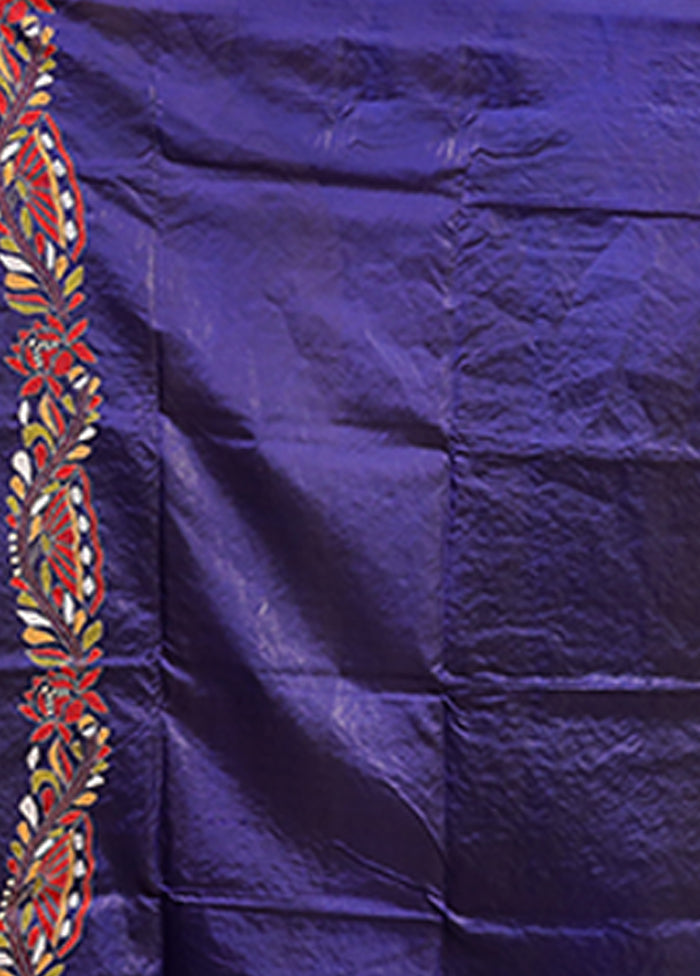 Blue Handloom Kantha Stitch Pure Silk Saree With Blouse Piece