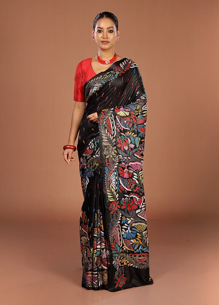 Black Handloom Kantha Stitch Pure Silk Saree With Blouse Piece