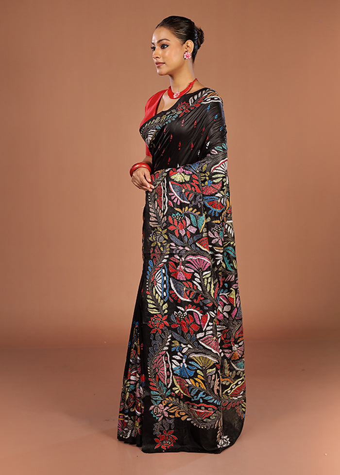 Black Handloom Kantha Stitch Pure Silk Saree With Blouse Piece