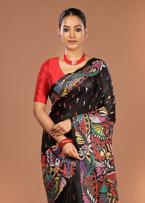 Black Handloom Kantha Stitch Pure Silk Saree With Blouse Piece