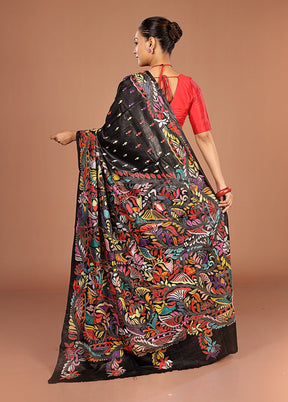 Black Handloom Kantha Stitch Pure Silk Saree With Blouse Piece
