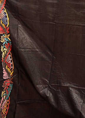 Black Handloom Kantha Stitch Pure Silk Saree With Blouse Piece