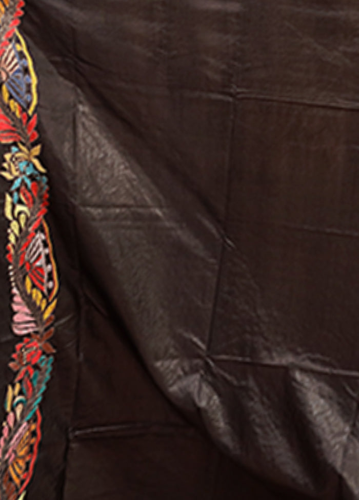 Black Handloom Kantha Stitch Pure Silk Saree With Blouse Piece